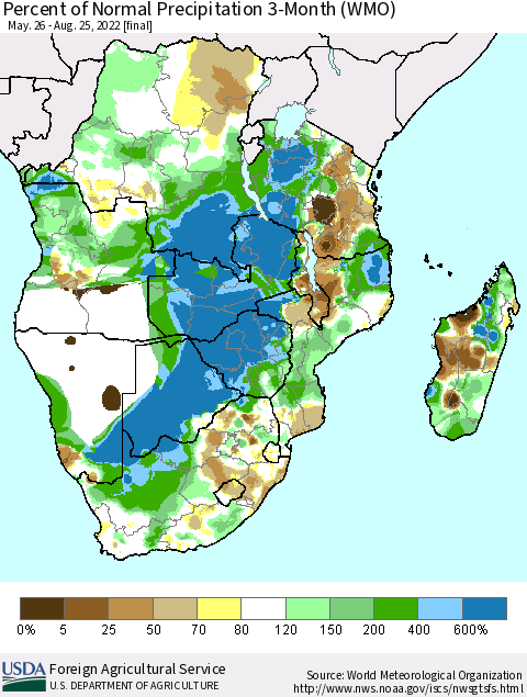 Southern Africa Percent of Normal Precipitation 3-Month (WMO) Thematic Map For 5/26/2022 - 8/25/2022