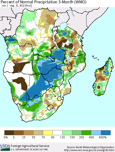 Southern Africa Percent of Normal Precipitation 3-Month (WMO) Thematic Map For 6/1/2022 - 8/31/2022