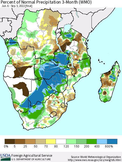 Southern Africa Percent of Normal Precipitation 3-Month (WMO) Thematic Map For 6/6/2022 - 9/5/2022