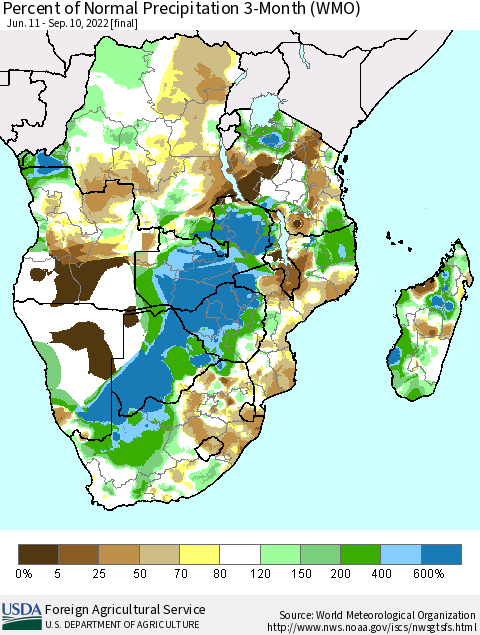 Southern Africa Percent of Normal Precipitation 3-Month (WMO) Thematic Map For 6/11/2022 - 9/10/2022