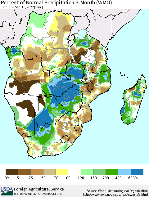 Southern Africa Percent of Normal Precipitation 3-Month (WMO) Thematic Map For 6/16/2022 - 9/15/2022