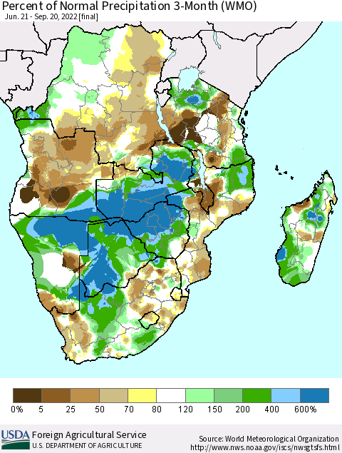 Southern Africa Percent of Normal Precipitation 3-Month (WMO) Thematic Map For 6/21/2022 - 9/20/2022