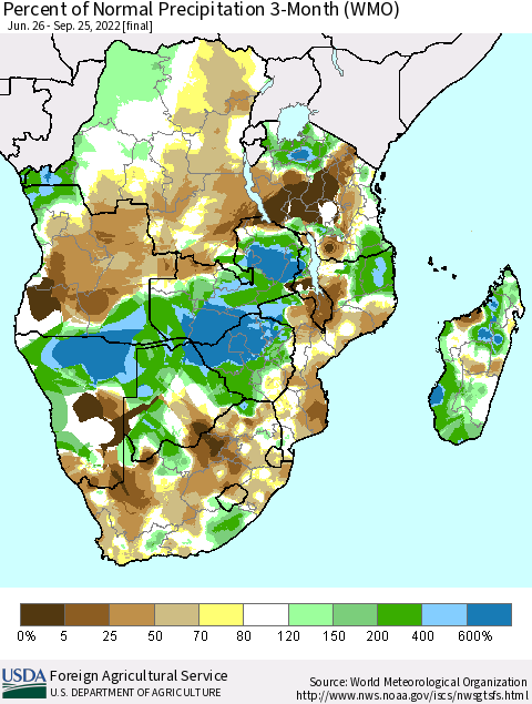 Southern Africa Percent of Normal Precipitation 3-Month (WMO) Thematic Map For 6/26/2022 - 9/25/2022