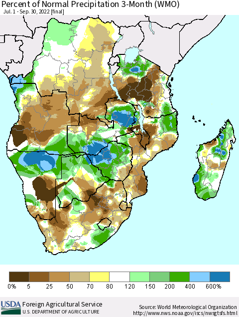 Southern Africa Percent of Normal Precipitation 3-Month (WMO) Thematic Map For 7/1/2022 - 9/30/2022