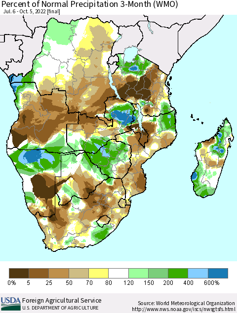 Southern Africa Percent of Normal Precipitation 3-Month (WMO) Thematic Map For 7/6/2022 - 10/5/2022
