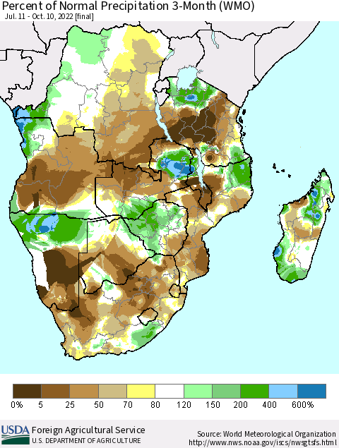 Southern Africa Percent of Normal Precipitation 3-Month (WMO) Thematic Map For 7/11/2022 - 10/10/2022