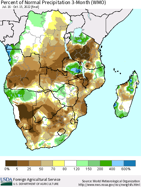 Southern Africa Percent of Normal Precipitation 3-Month (WMO) Thematic Map For 7/16/2022 - 10/15/2022