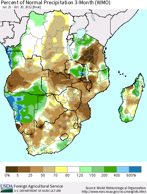 Southern Africa Percent of Normal Precipitation 3-Month (WMO) Thematic Map For 7/21/2022 - 10/20/2022