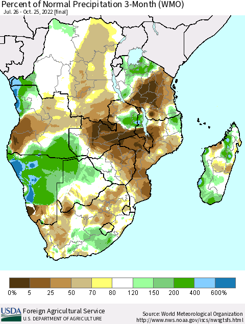 Southern Africa Percent of Normal Precipitation 3-Month (WMO) Thematic Map For 7/26/2022 - 10/25/2022