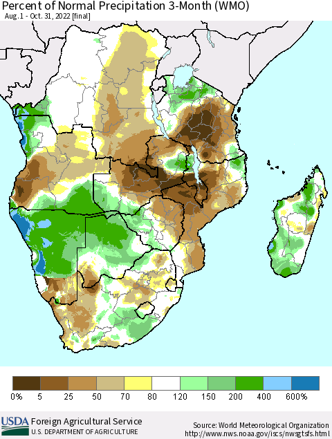 Southern Africa Percent of Normal Precipitation 3-Month (WMO) Thematic Map For 8/1/2022 - 10/31/2022