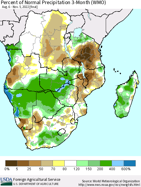 Southern Africa Percent of Normal Precipitation 3-Month (WMO) Thematic Map For 8/6/2022 - 11/5/2022