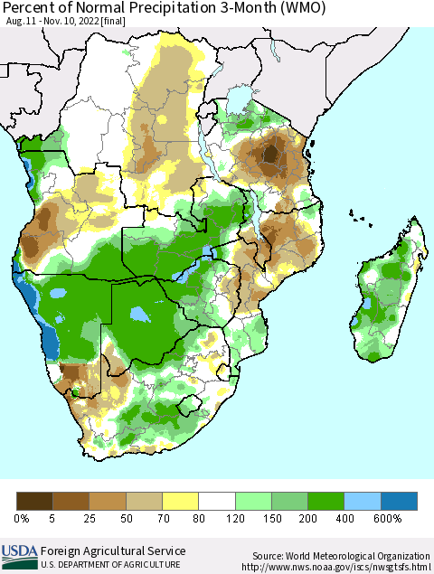 Southern Africa Percent of Normal Precipitation 3-Month (WMO) Thematic Map For 8/11/2022 - 11/10/2022
