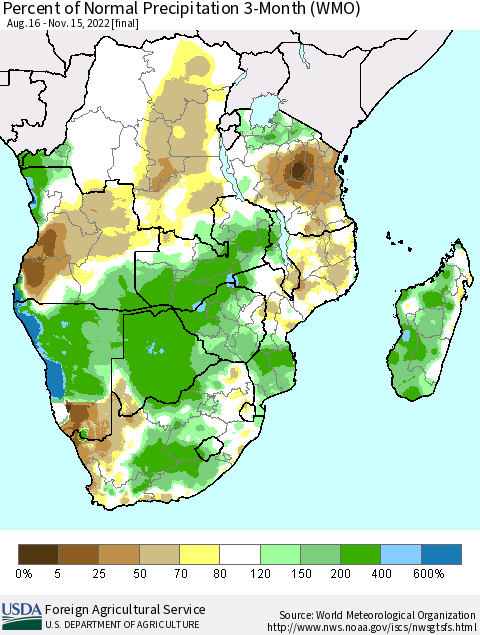 Southern Africa Percent of Normal Precipitation 3-Month (WMO) Thematic Map For 8/16/2022 - 11/15/2022