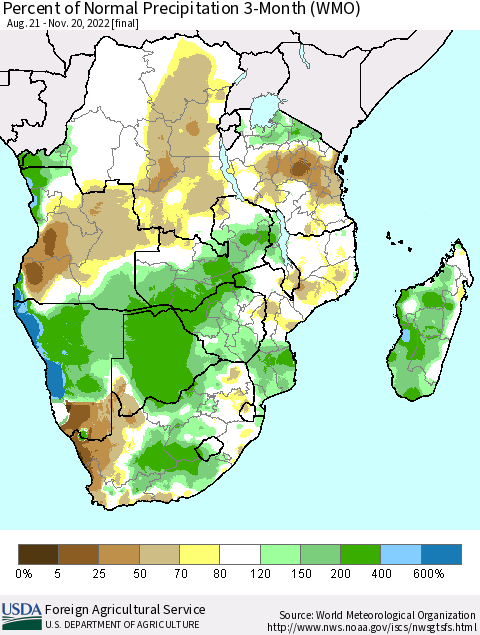 Southern Africa Percent of Normal Precipitation 3-Month (WMO) Thematic Map For 8/21/2022 - 11/20/2022