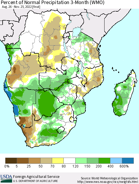 Southern Africa Percent of Normal Precipitation 3-Month (WMO) Thematic Map For 8/26/2022 - 11/25/2022
