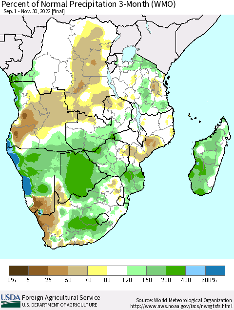 Southern Africa Percent of Normal Precipitation 3-Month (WMO) Thematic Map For 9/1/2022 - 11/30/2022