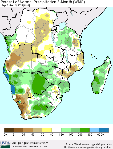 Southern Africa Percent of Normal Precipitation 3-Month (WMO) Thematic Map For 9/6/2022 - 12/5/2022