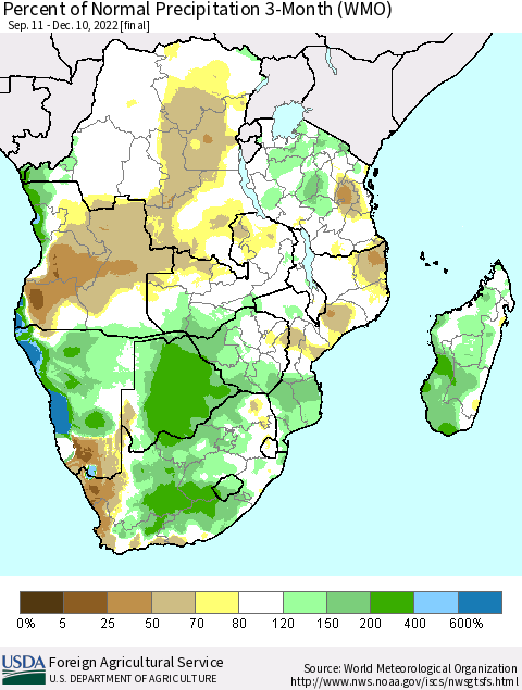 Southern Africa Percent of Normal Precipitation 3-Month (WMO) Thematic Map For 9/11/2022 - 12/10/2022