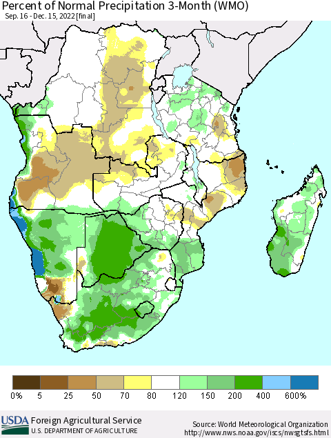 Southern Africa Percent of Normal Precipitation 3-Month (WMO) Thematic Map For 9/16/2022 - 12/15/2022
