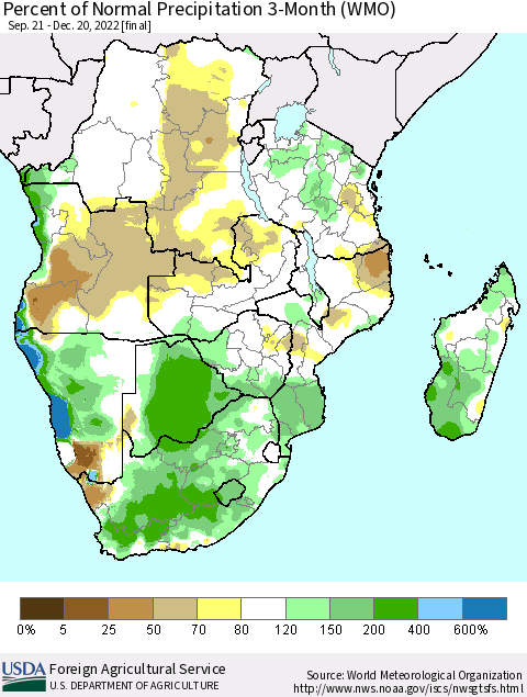 Southern Africa Percent of Normal Precipitation 3-Month (WMO) Thematic Map For 9/21/2022 - 12/20/2022
