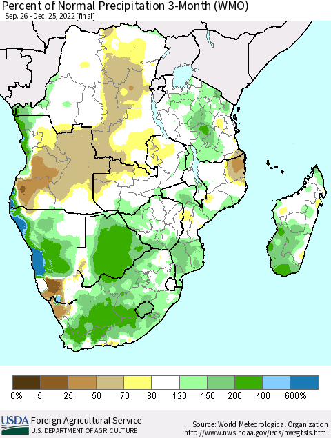 Southern Africa Percent of Normal Precipitation 3-Month (WMO) Thematic Map For 9/26/2022 - 12/25/2022