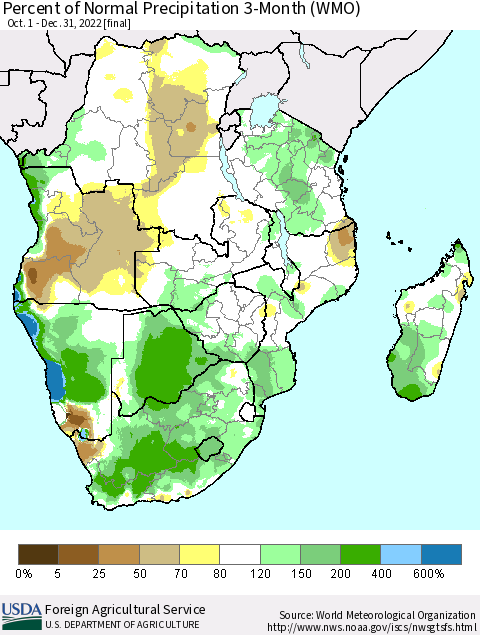 Southern Africa Percent of Normal Precipitation 3-Month (WMO) Thematic Map For 10/1/2022 - 12/31/2022