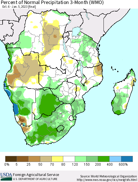 Southern Africa Percent of Normal Precipitation 3-Month (WMO) Thematic Map For 10/6/2022 - 1/5/2023