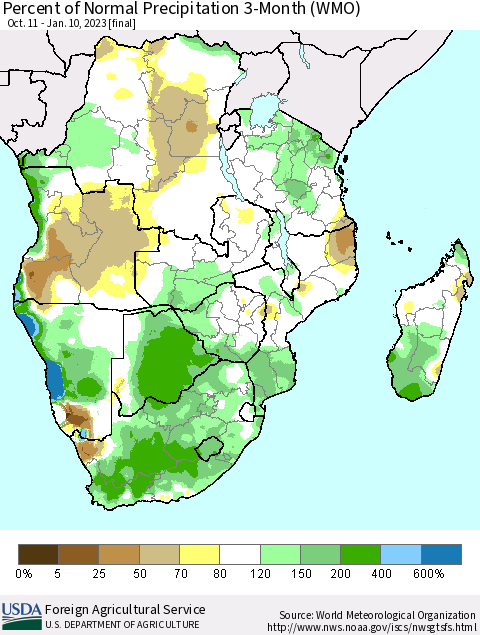 Southern Africa Percent of Normal Precipitation 3-Month (WMO) Thematic Map For 10/11/2022 - 1/10/2023