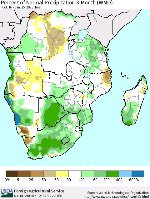 Southern Africa Percent of Normal Precipitation 3-Month (WMO) Thematic Map For 10/16/2022 - 1/15/2023