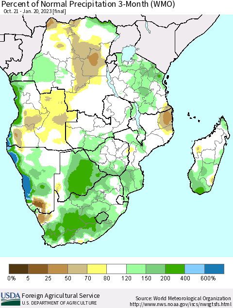 Southern Africa Percent of Normal Precipitation 3-Month (WMO) Thematic Map For 10/21/2022 - 1/20/2023
