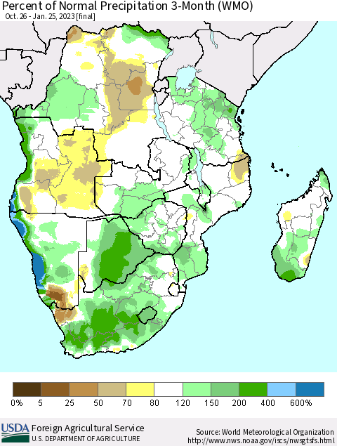 Southern Africa Percent of Normal Precipitation 3-Month (WMO) Thematic Map For 10/26/2022 - 1/25/2023