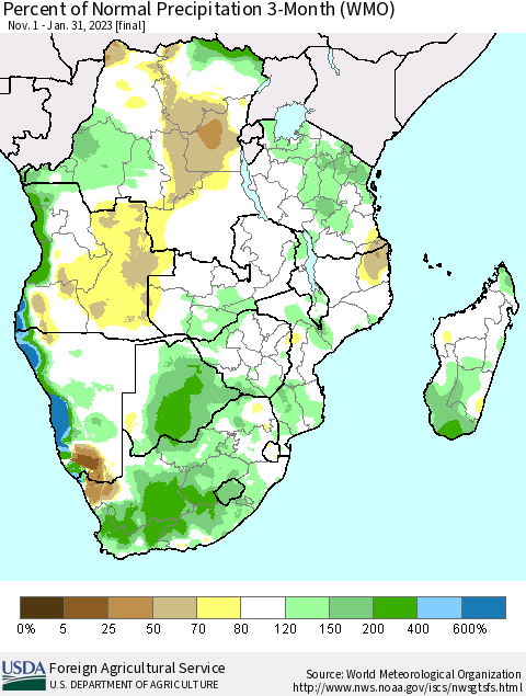 Southern Africa Percent of Normal Precipitation 3-Month (WMO) Thematic Map For 11/1/2022 - 1/31/2023