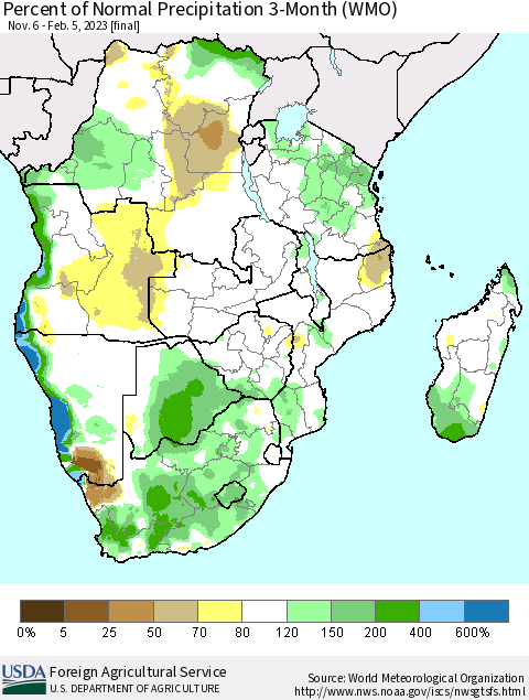 Southern Africa Percent of Normal Precipitation 3-Month (WMO) Thematic Map For 11/6/2022 - 2/5/2023