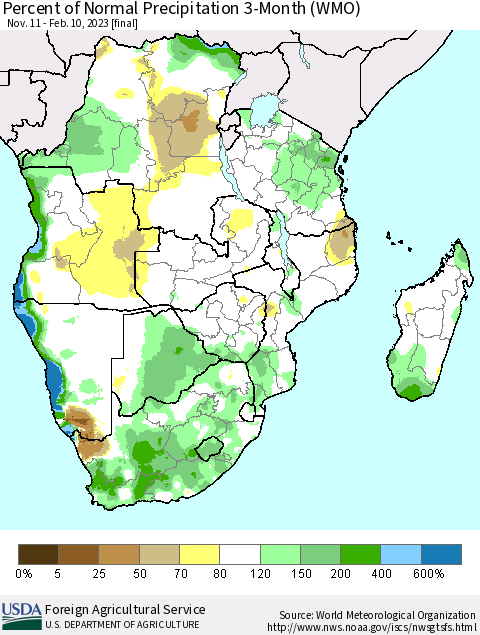 Southern Africa Percent of Normal Precipitation 3-Month (WMO) Thematic Map For 11/11/2022 - 2/10/2023
