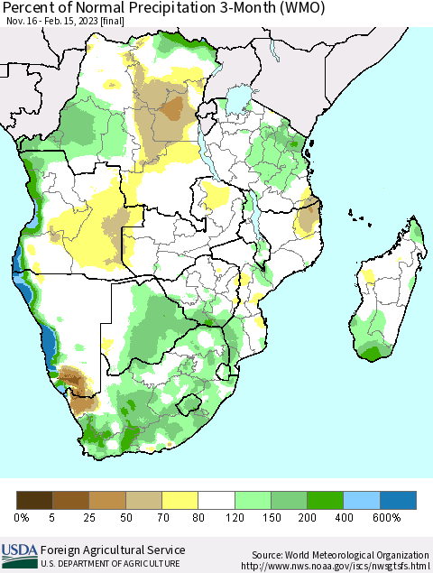 Southern Africa Percent of Normal Precipitation 3-Month (WMO) Thematic Map For 11/16/2022 - 2/15/2023