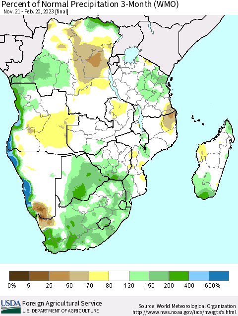Southern Africa Percent of Normal Precipitation 3-Month (WMO) Thematic Map For 11/21/2022 - 2/20/2023