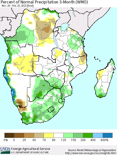 Southern Africa Percent of Normal Precipitation 3-Month (WMO) Thematic Map For 11/26/2022 - 2/25/2023