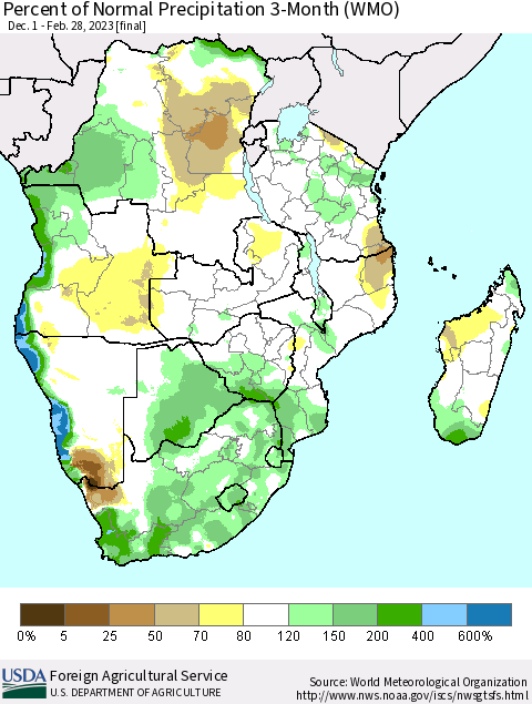 Southern Africa Percent of Normal Precipitation 3-Month (WMO) Thematic Map For 12/1/2022 - 2/28/2023