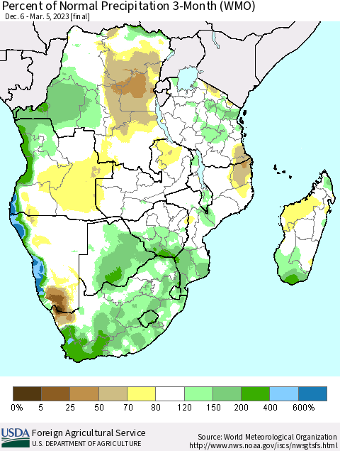 Southern Africa Percent of Normal Precipitation 3-Month (WMO) Thematic Map For 12/6/2022 - 3/5/2023