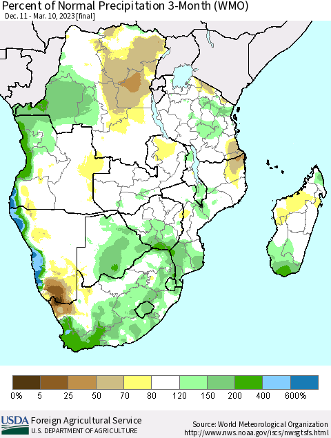 Southern Africa Percent of Normal Precipitation 3-Month (WMO) Thematic Map For 12/11/2022 - 3/10/2023