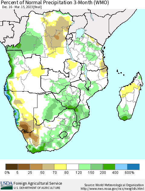 Southern Africa Percent of Normal Precipitation 3-Month (WMO) Thematic Map For 12/16/2022 - 3/15/2023