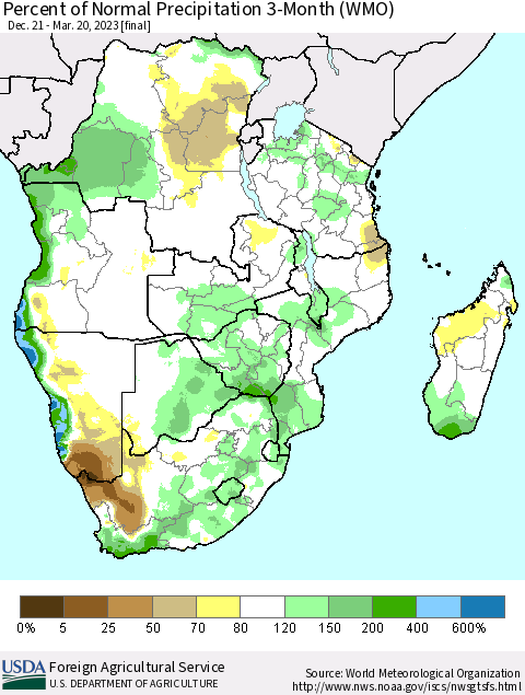 Southern Africa Percent of Normal Precipitation 3-Month (WMO) Thematic Map For 12/21/2022 - 3/20/2023