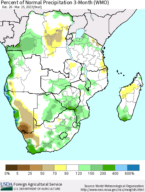 Southern Africa Percent of Normal Precipitation 3-Month (WMO) Thematic Map For 12/26/2022 - 3/25/2023