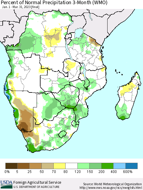 Southern Africa Percent of Normal Precipitation 3-Month (WMO) Thematic Map For 1/1/2023 - 3/31/2023