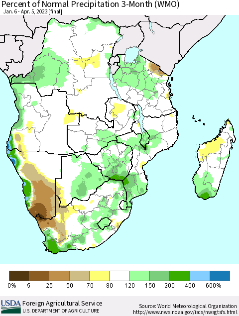 Southern Africa Percent of Normal Precipitation 3-Month (WMO) Thematic Map For 1/6/2023 - 4/5/2023