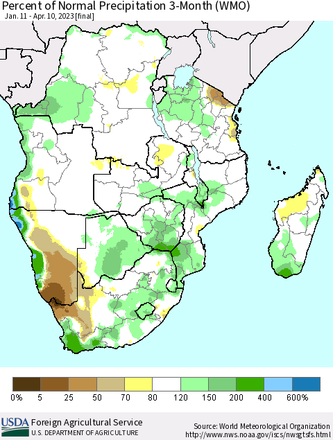 Southern Africa Percent of Normal Precipitation 3-Month (WMO) Thematic Map For 1/11/2023 - 4/10/2023