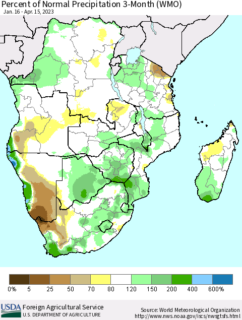 Southern Africa Percent of Normal Precipitation 3-Month (WMO) Thematic Map For 1/16/2023 - 4/15/2023