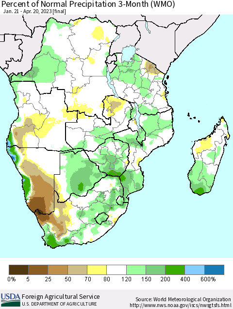 Southern Africa Percent of Normal Precipitation 3-Month (WMO) Thematic Map For 1/21/2023 - 4/20/2023