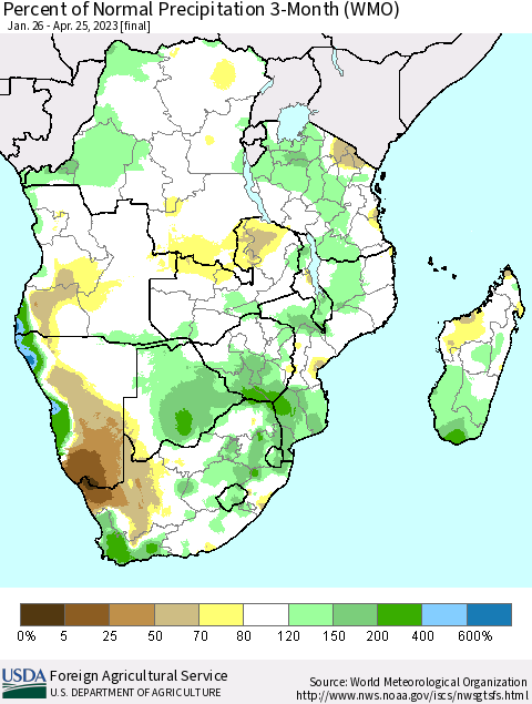 Southern Africa Percent of Normal Precipitation 3-Month (WMO) Thematic Map For 1/26/2023 - 4/25/2023