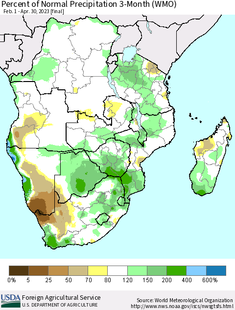 Southern Africa Percent of Normal Precipitation 3-Month (WMO) Thematic Map For 2/1/2023 - 4/30/2023